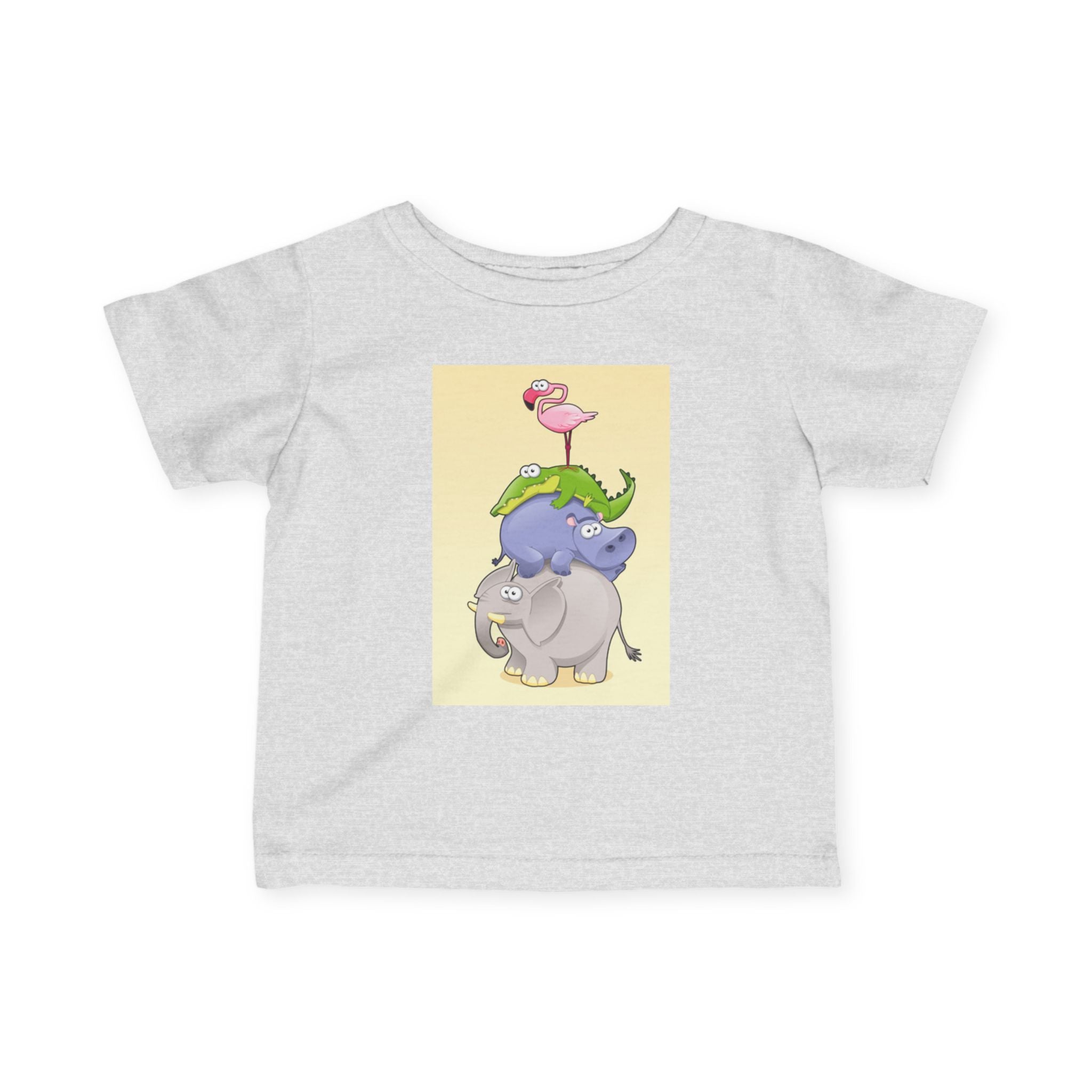 Infant Tee — Cute Stacked Safari Animals Baby Shirt (Elephant, Hippo, Crocodile, Flamingo)