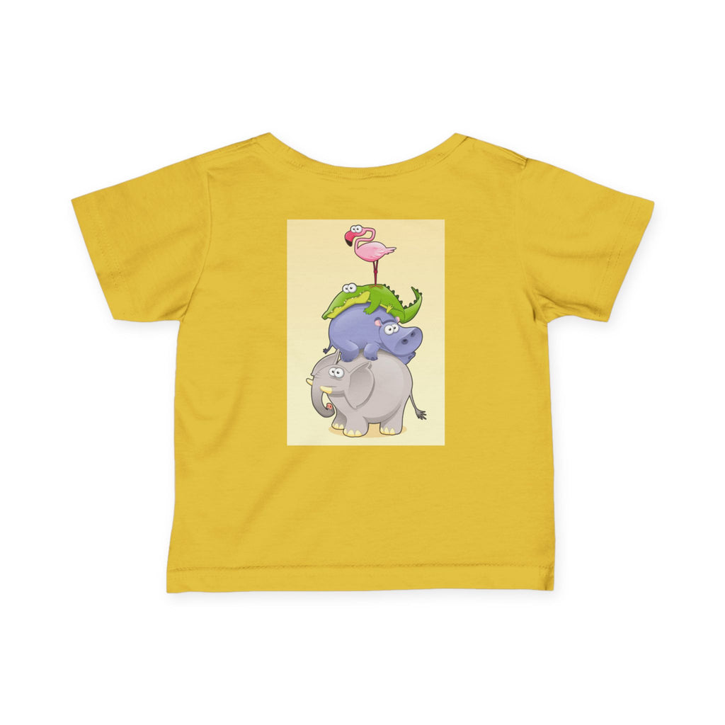 Infant Tee — Cute Stacked Safari Animals Baby Shirt (Elephant, Hippo, Crocodile, Flamingo)