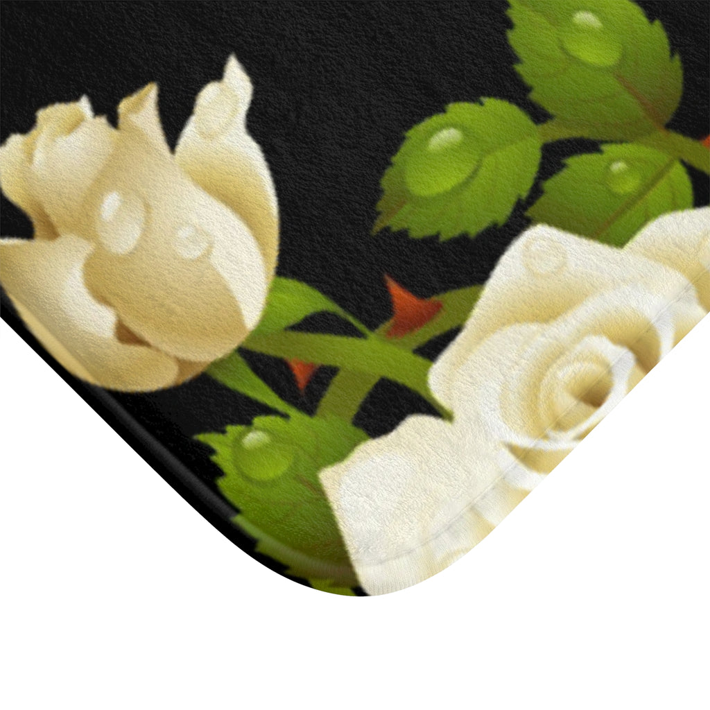 White Rose Bath Mat — Elegant Floral Bathroom Rug with Heart-Shaped Bloom Design