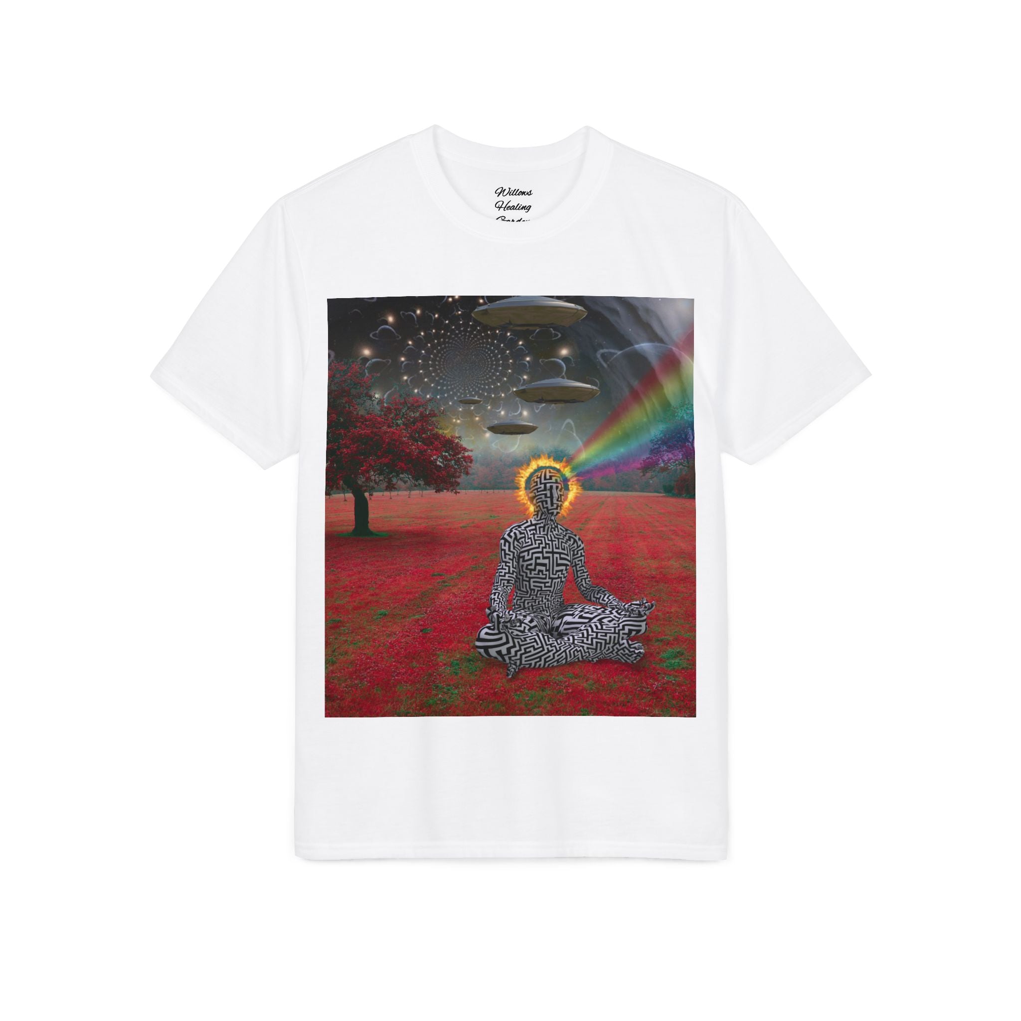Meditative Buddha UFO T-Shirt — Psychedelic Zen Landscape Tee