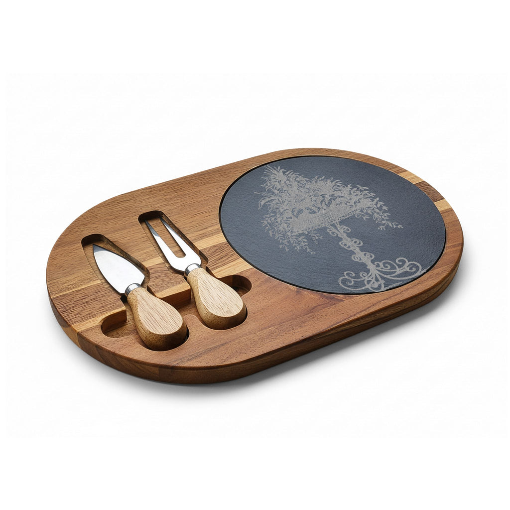 Engraved Acacia Charcuterie Board with Slate Inlay & Cheese Tools — Elegant Tree Design