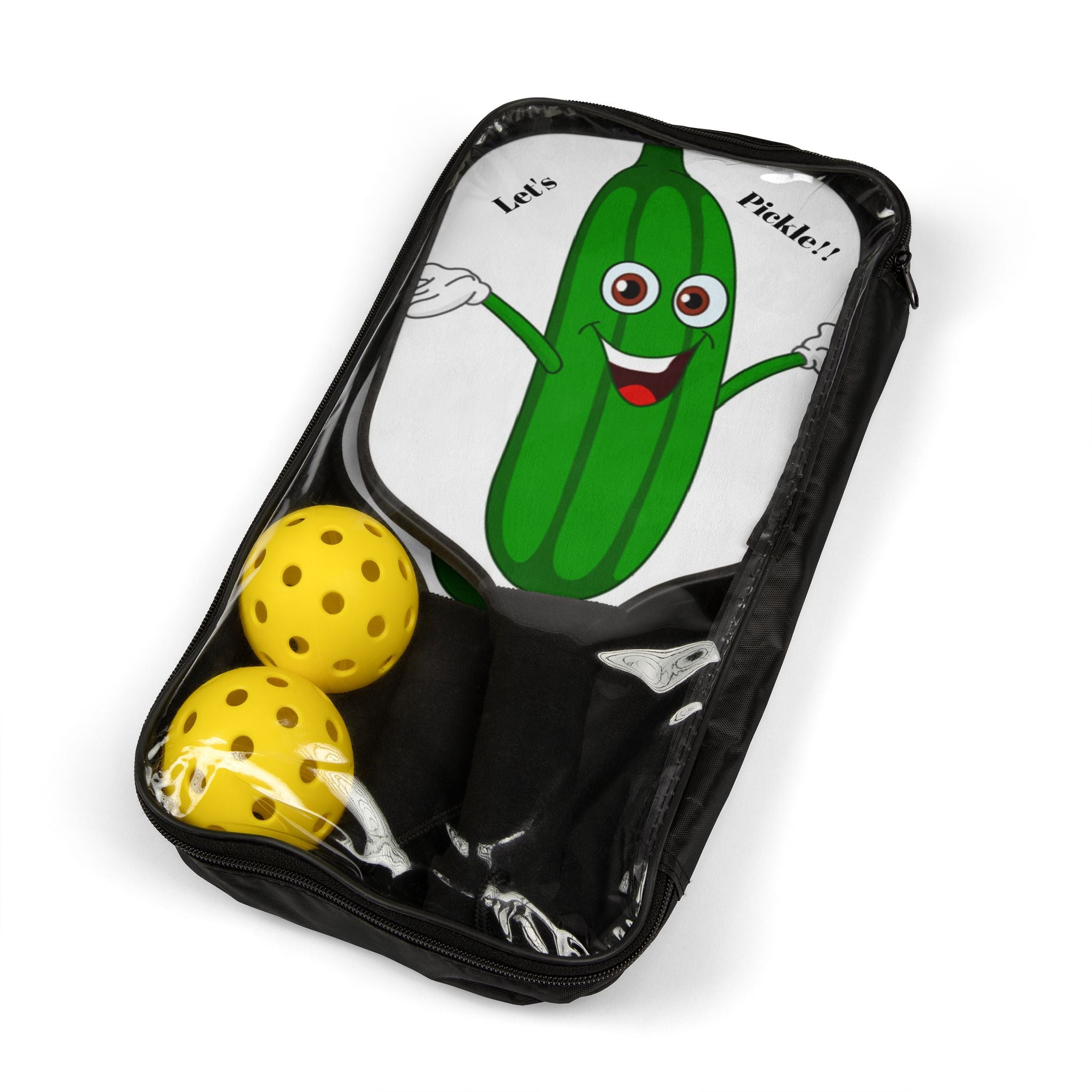 Pickleball Paddle Set — Cute 'Let's Pickle!' Cartoon Pickle Design with 2 Balls
