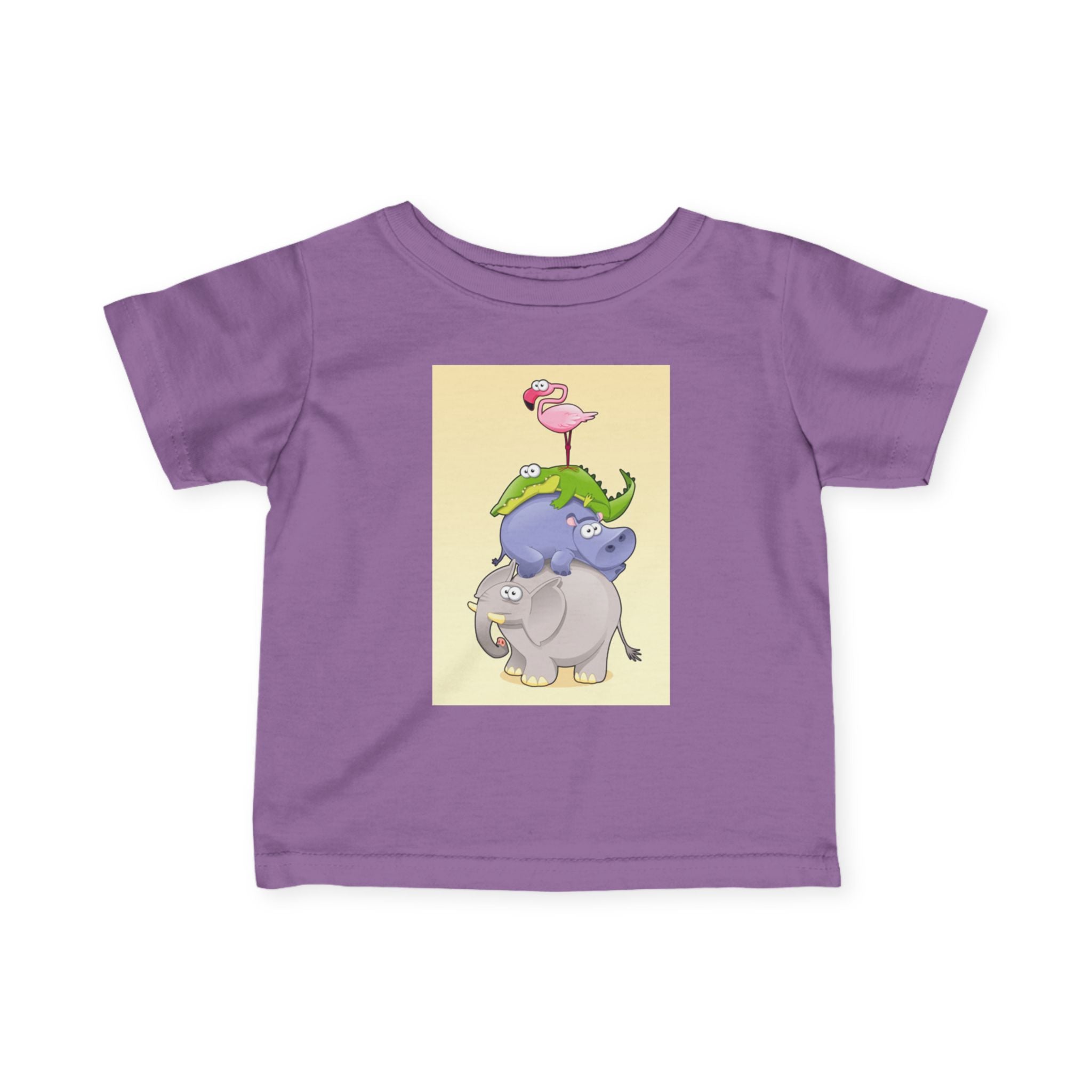Infant Tee — Cute Stacked Safari Animals Baby Shirt (Elephant, Hippo, Crocodile, Flamingo)