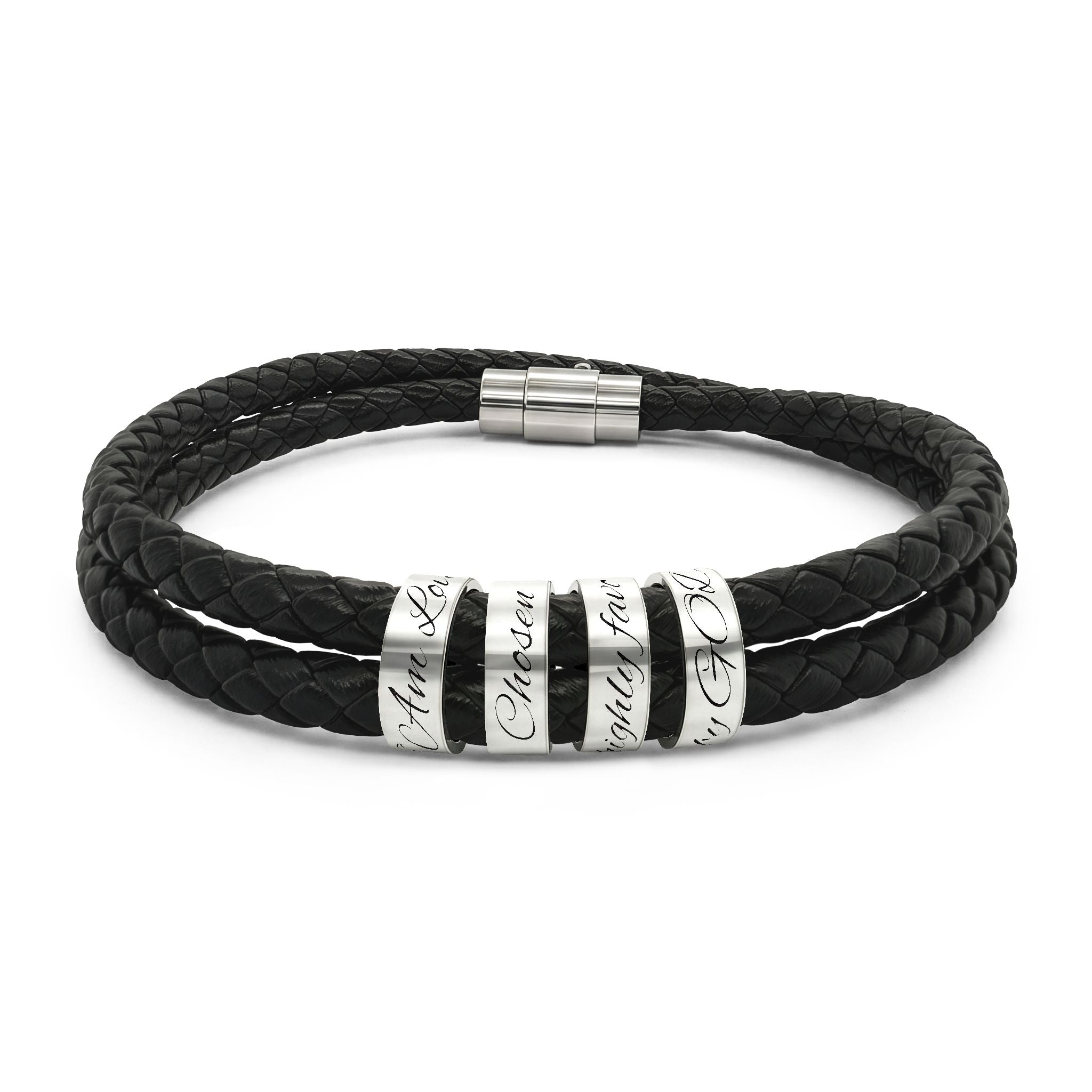 Engravable Black Braided Leather Bracelet with Stainless Steel Beads
