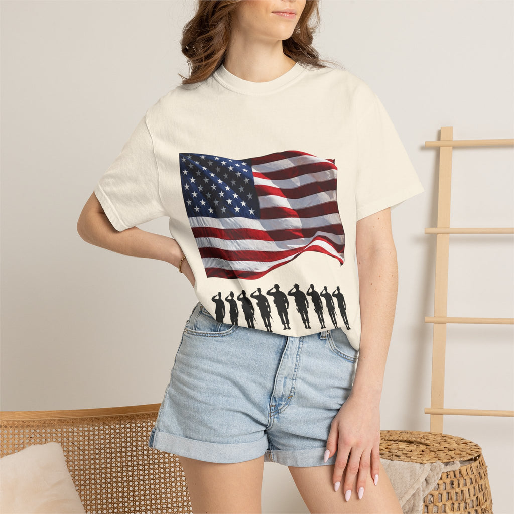 T-Shirt - American Flag with Saluting Soldiers | "Welcome Home!" Military Reunion Tee