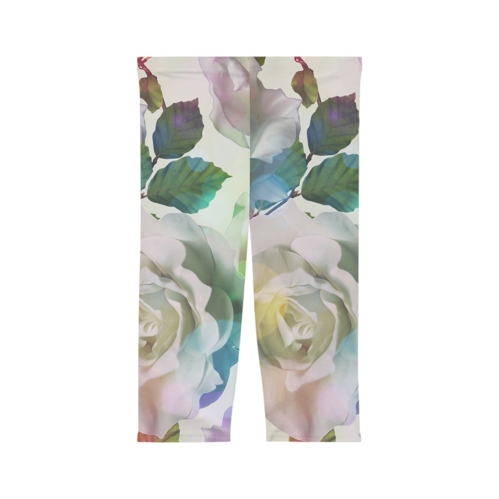 Floral Watercolor Capri Leggings — Pastel Rose All-Over Print