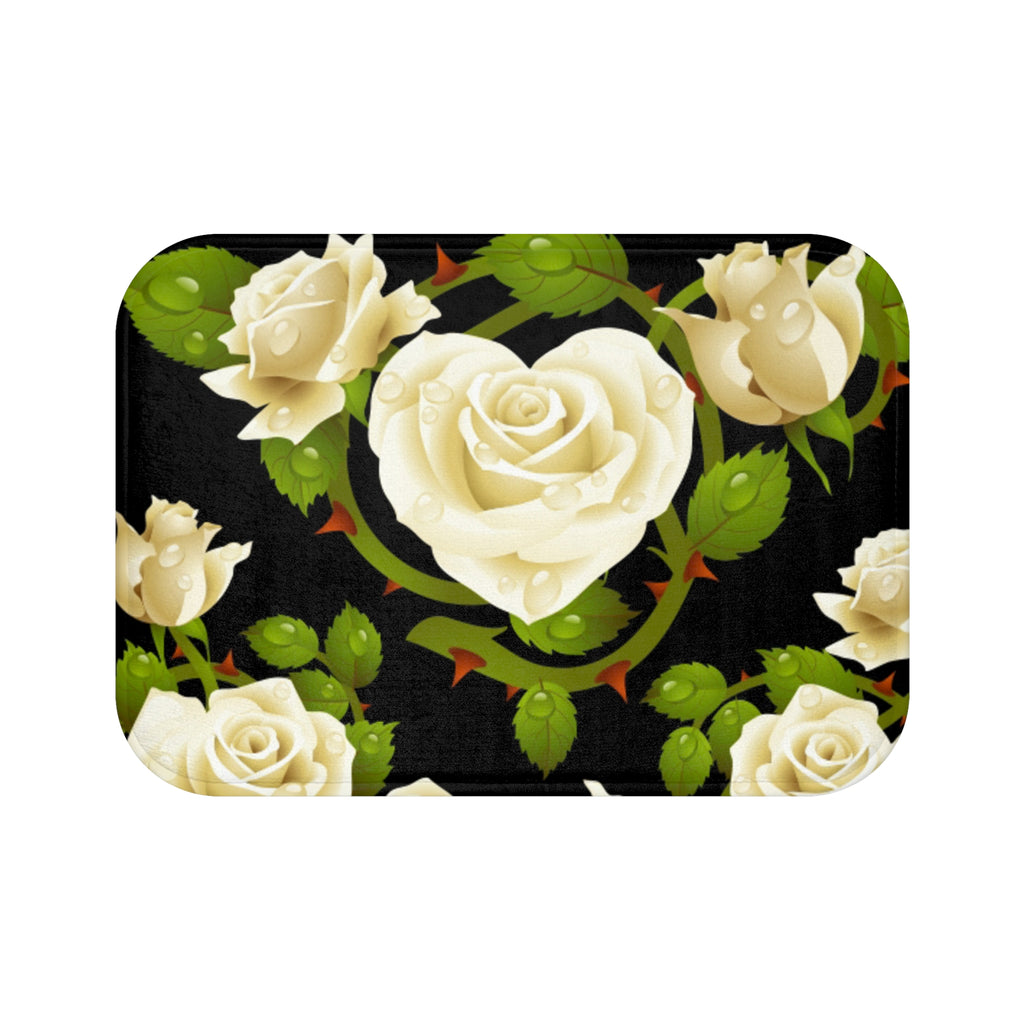 White Rose Bath Mat — Elegant Floral Bathroom Rug with Heart-Shaped Bloom Design