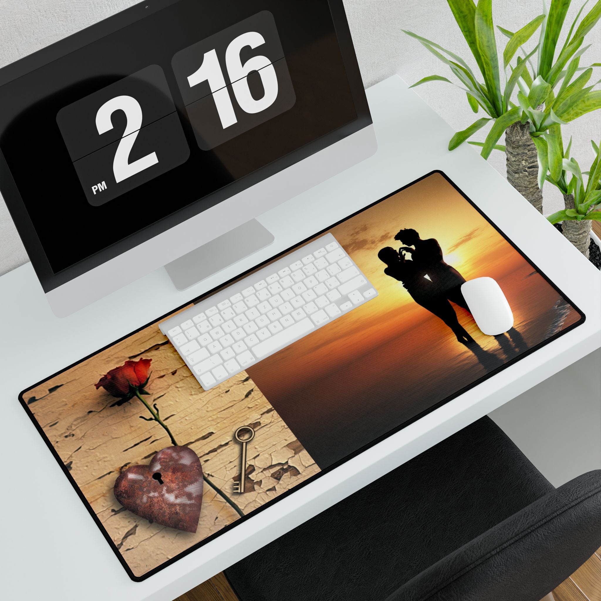 Romantic Sunset Desk Mat — Couple Silhouette & Rose Love Mouse Pad