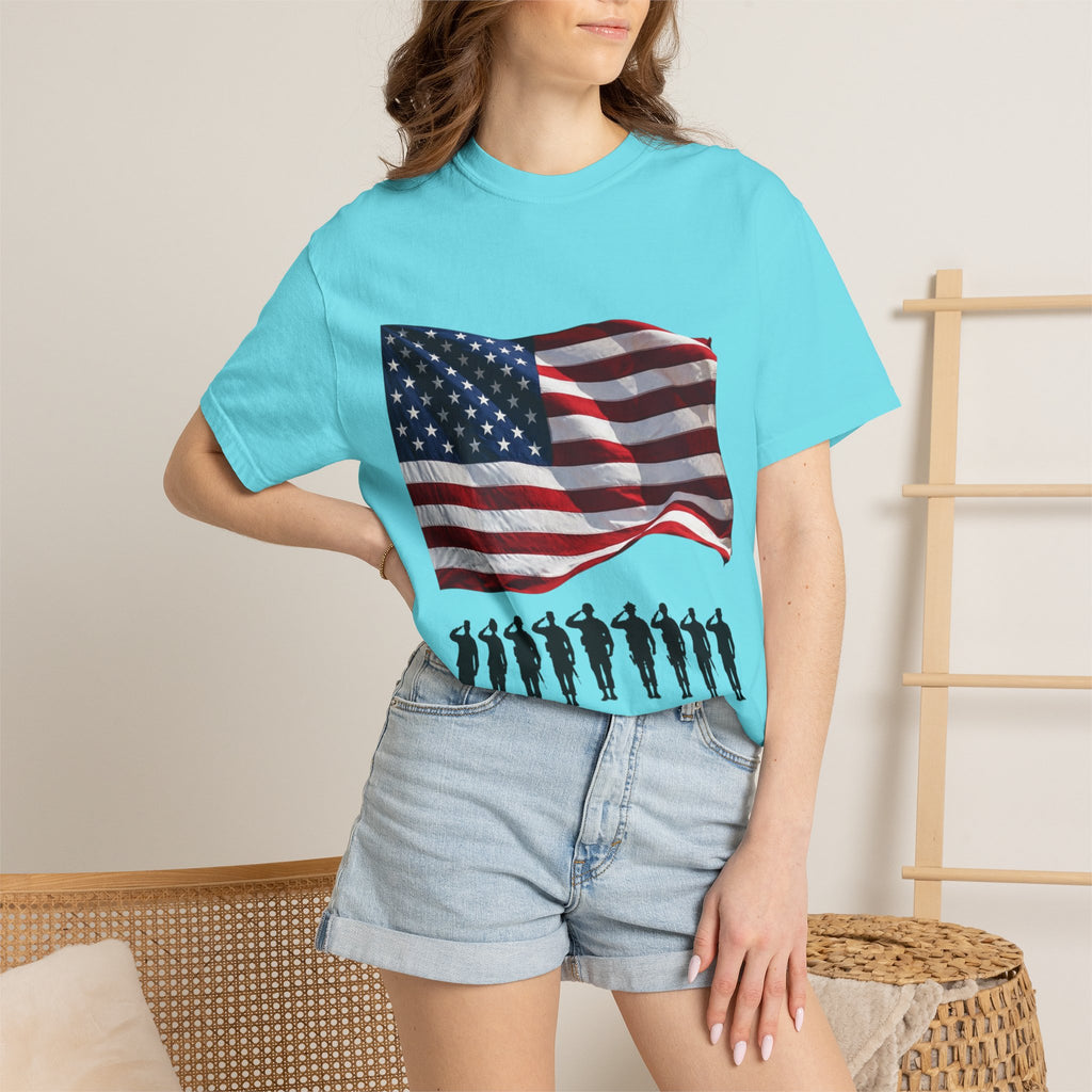 T-Shirt - American Flag with Saluting Soldiers | "Welcome Home!" Military Reunion Tee