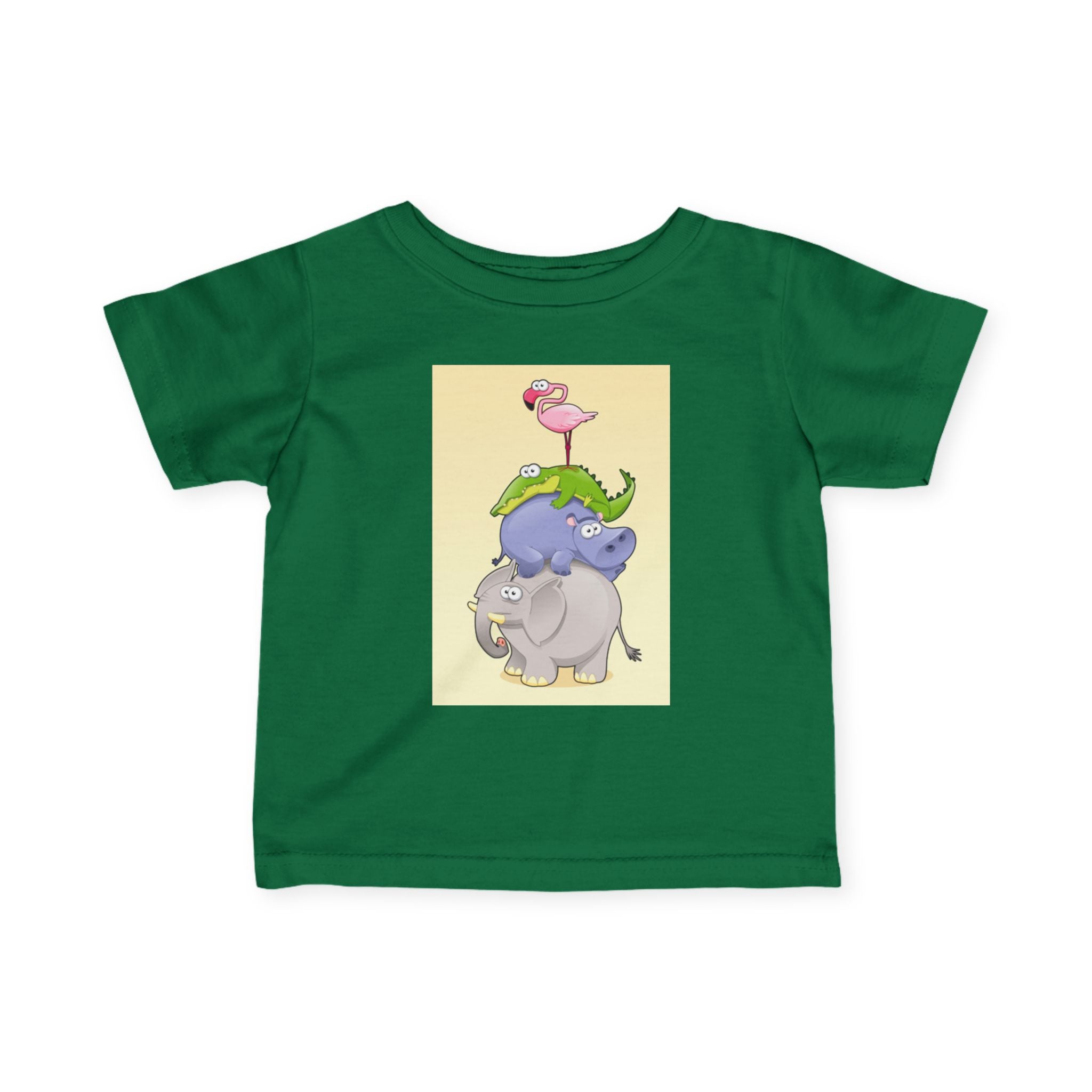 Infant Tee — Cute Stacked Safari Animals Baby Shirt (Elephant, Hippo, Crocodile, Flamingo)