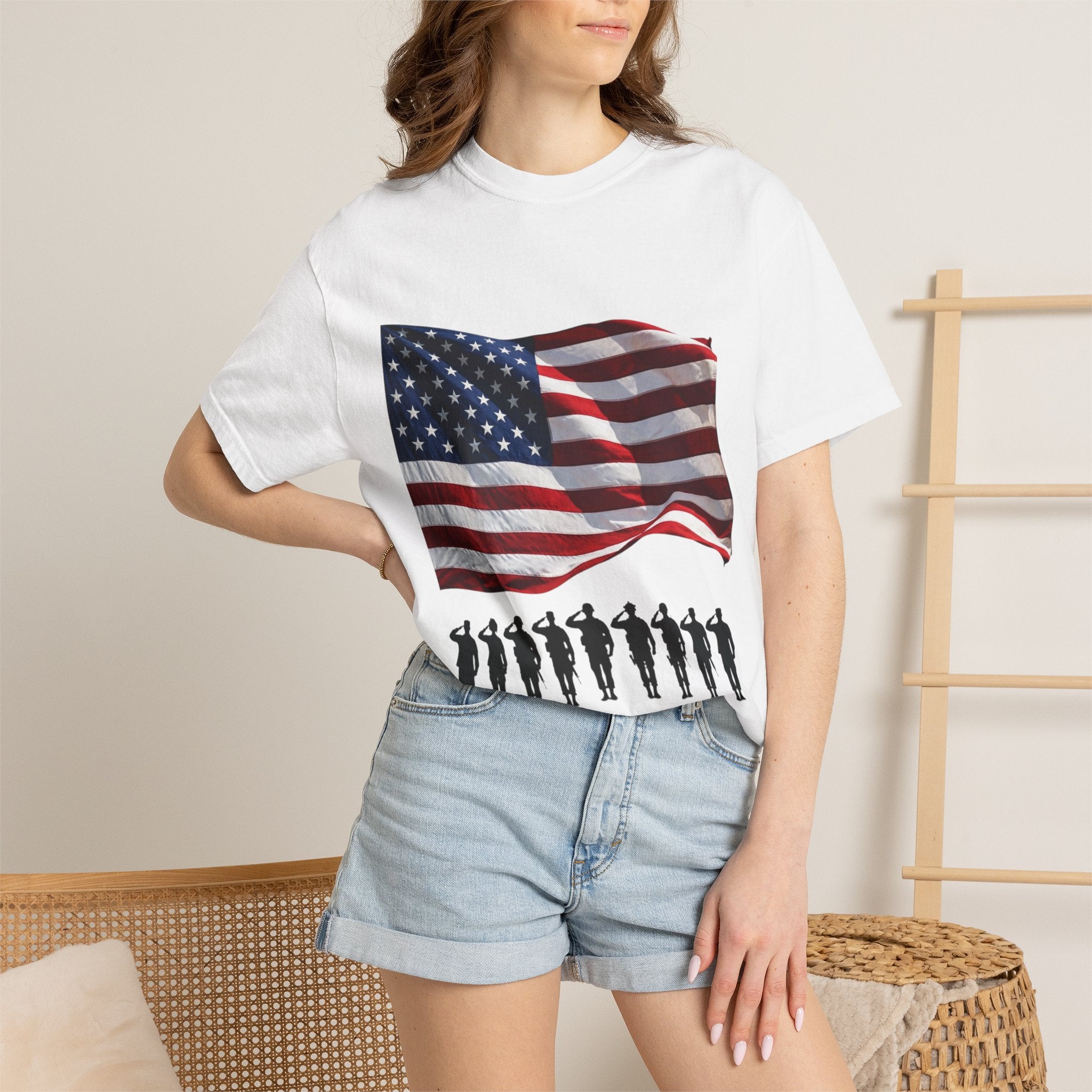 T-Shirt - American Flag with Saluting Soldiers | "Welcome Home!" Military Reunion Tee