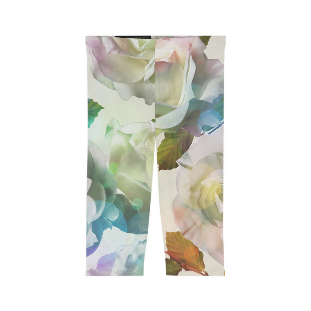 Floral Watercolor Capri Leggings — Pastel Rose All-Over Print