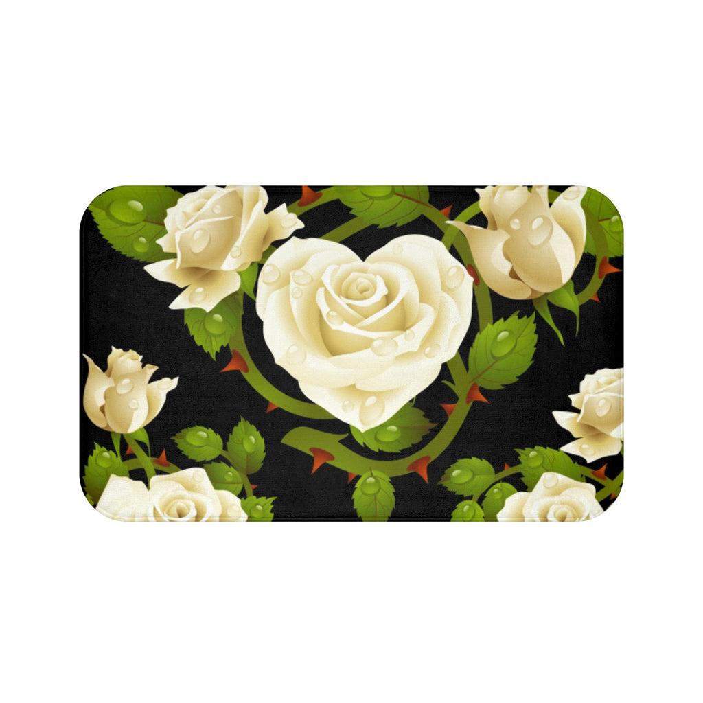 White Rose Bath Mat — Elegant Floral Bathroom Rug with Heart-Shaped Bloom Design