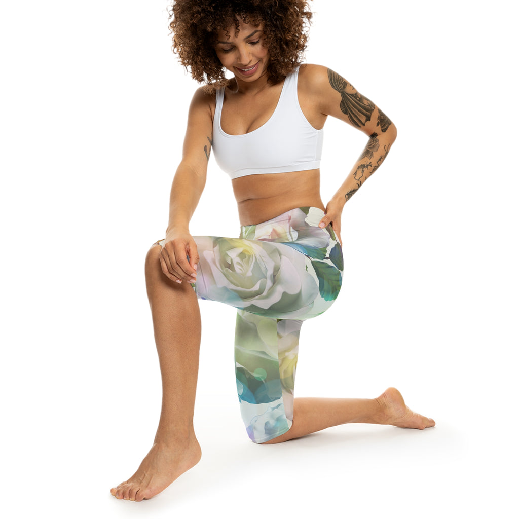 Floral Watercolor Capri Leggings — Pastel Rose All-Over Print