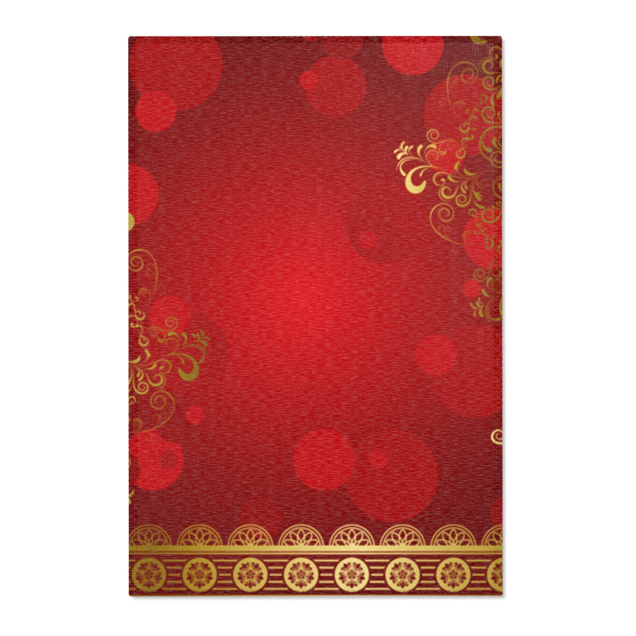 Red & Gold Ornamental Area Rug — Festive Floral Border Accent Rug