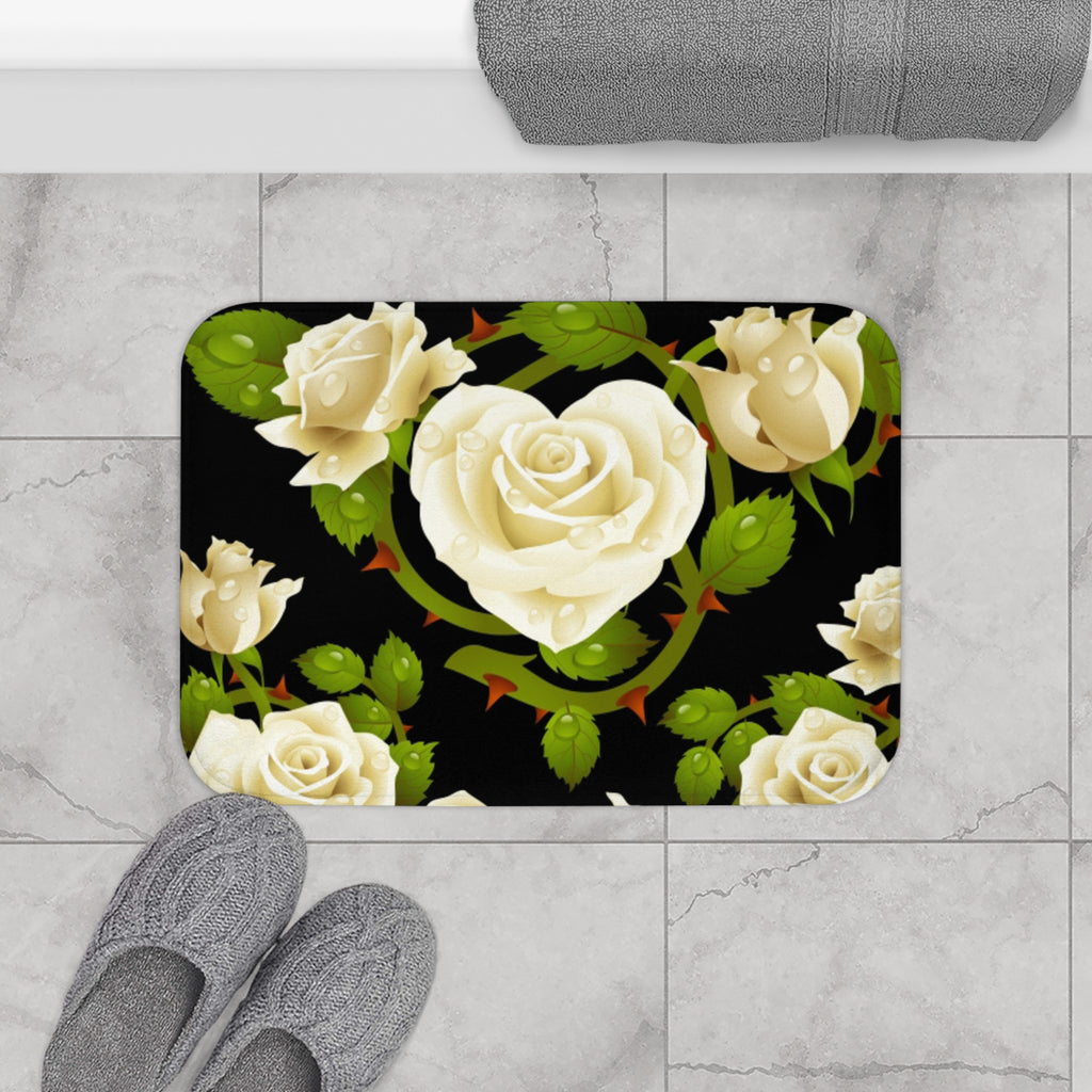 White Rose Bath Mat — Elegant Floral Bathroom Rug with Heart-Shaped Bloom Design
