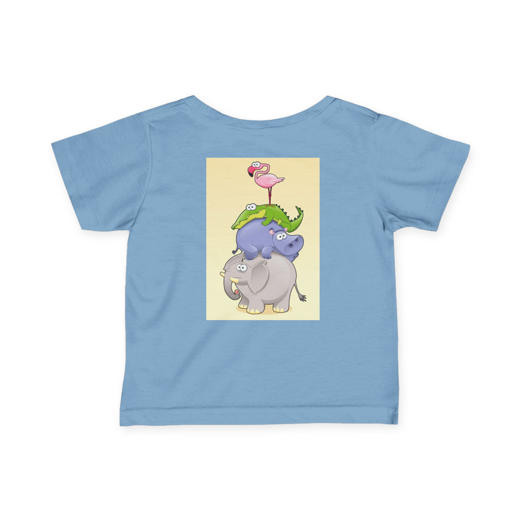 Infant Tee — Cute Stacked Safari Animals Baby Shirt (Elephant, Hippo, Crocodile, Flamingo)