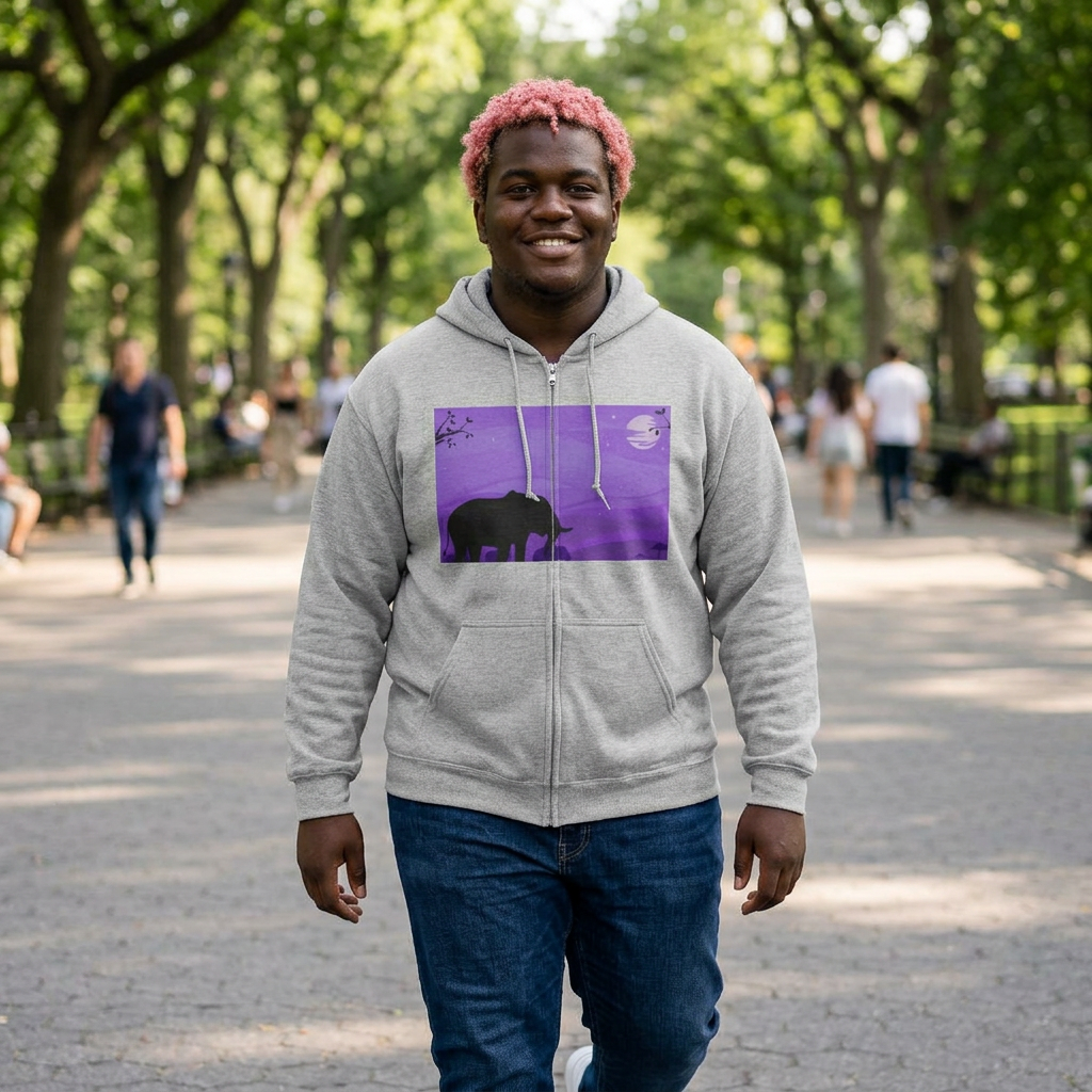 Elephant Sunset Zip Hoodie — Purple Safari Silhouette Full-Zip Sweatshirt