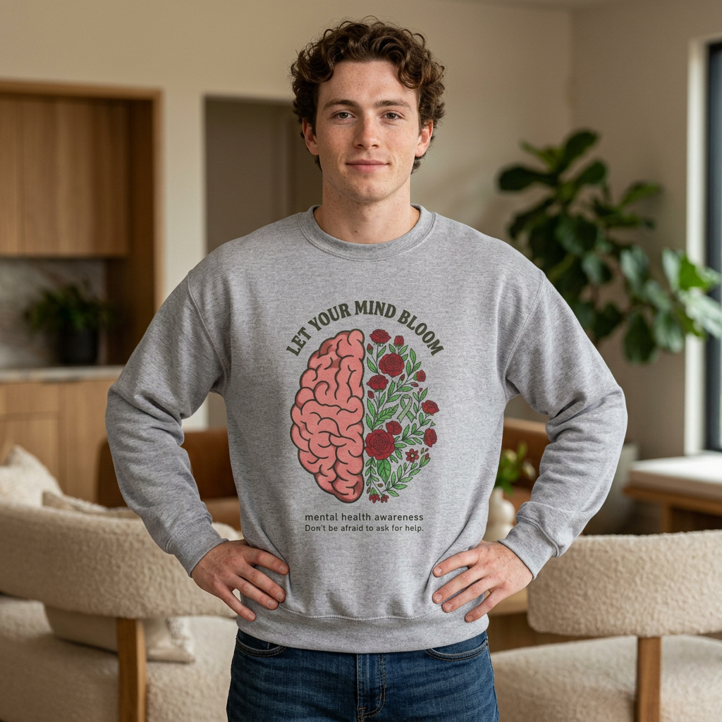 Let Your Mind Bloom Sweatshirt | Mental Health Awareness, Green Ribbon