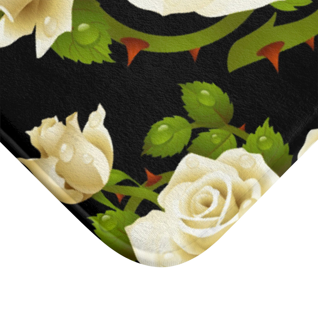 White Rose Bath Mat — Elegant Floral Bathroom Rug with Heart-Shaped Bloom Design