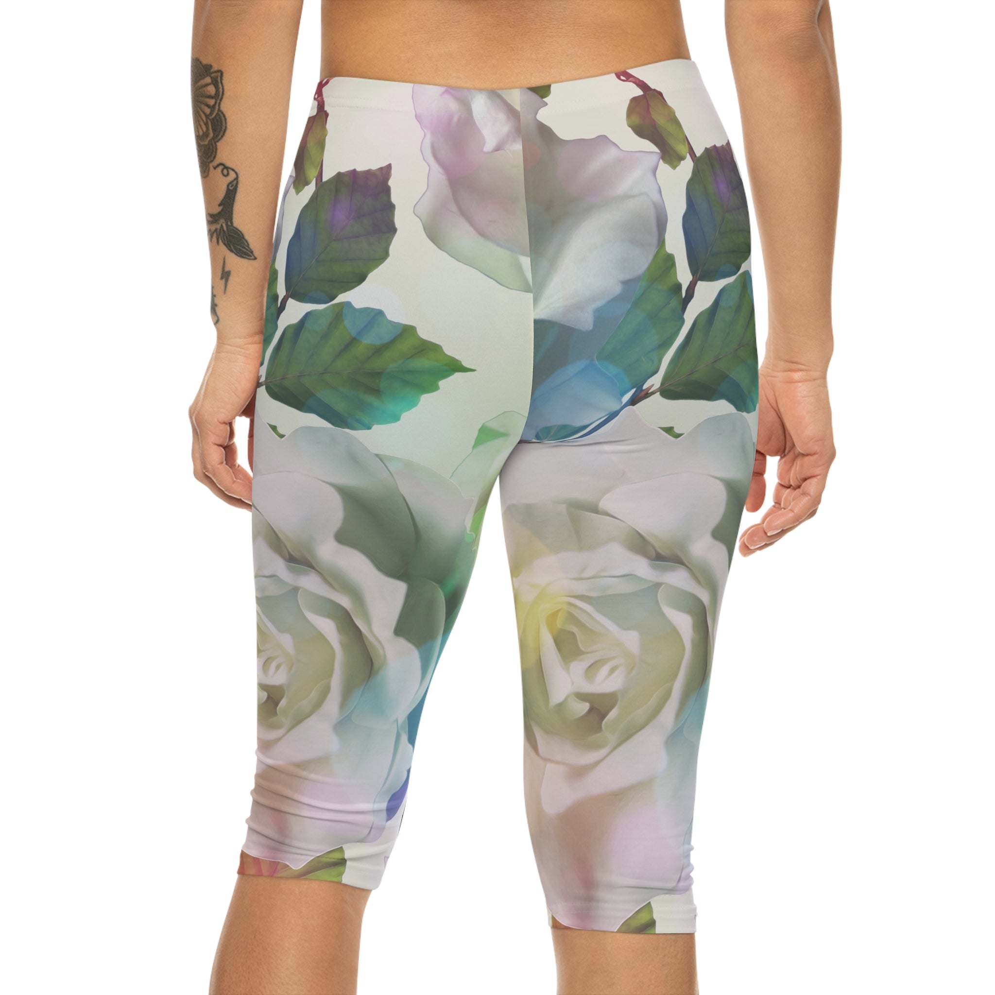 Floral Watercolor Capri Leggings — Pastel Rose All-Over Print