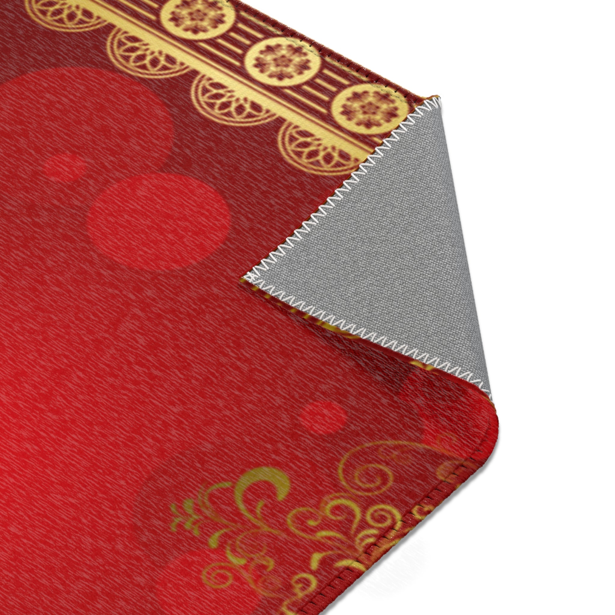 Red & Gold Ornamental Area Rug — Festive Floral Border Accent Rug