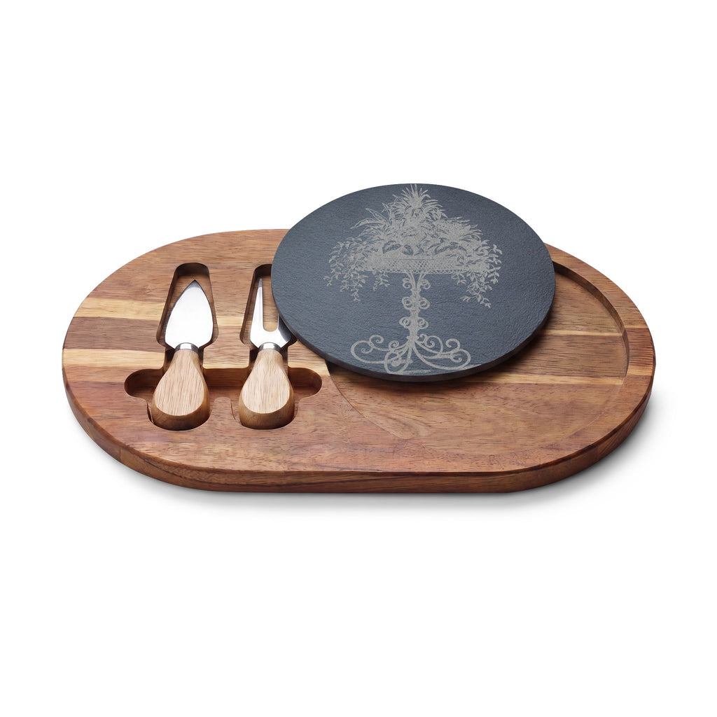 Engraved Acacia Charcuterie Board with Slate Inlay & Cheese Tools — Elegant Tree Design