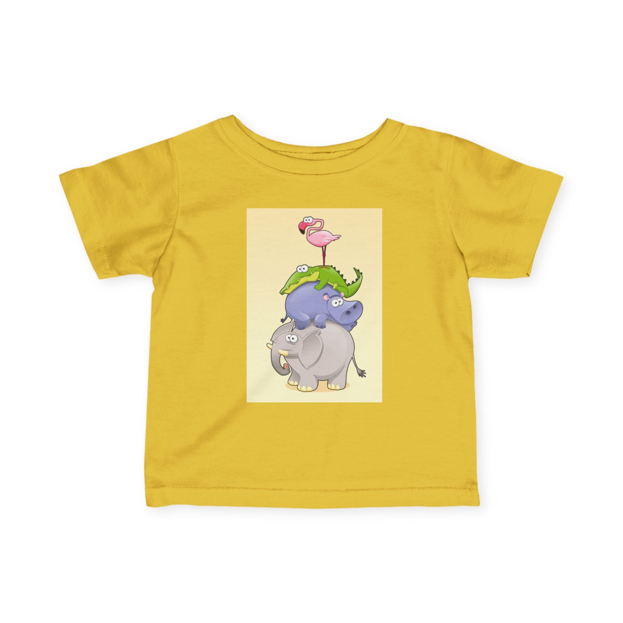 Infant Tee — Cute Stacked Safari Animals Baby Shirt (Elephant, Hippo, Crocodile, Flamingo)