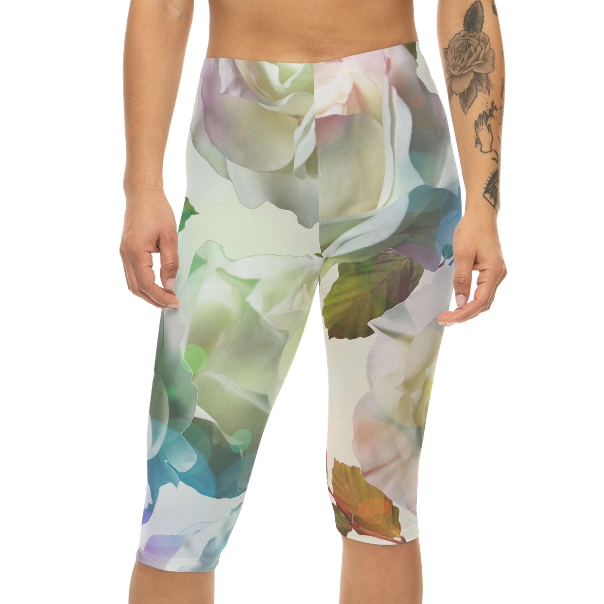 Floral Watercolor Capri Leggings — Pastel Rose All-Over Print
