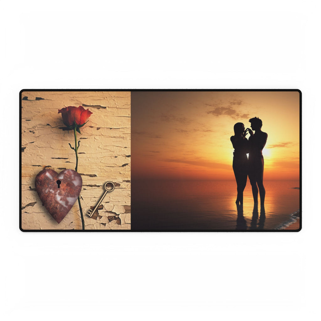 Romantic Sunset Desk Mat — Couple Silhouette & Rose Love Mouse Pad