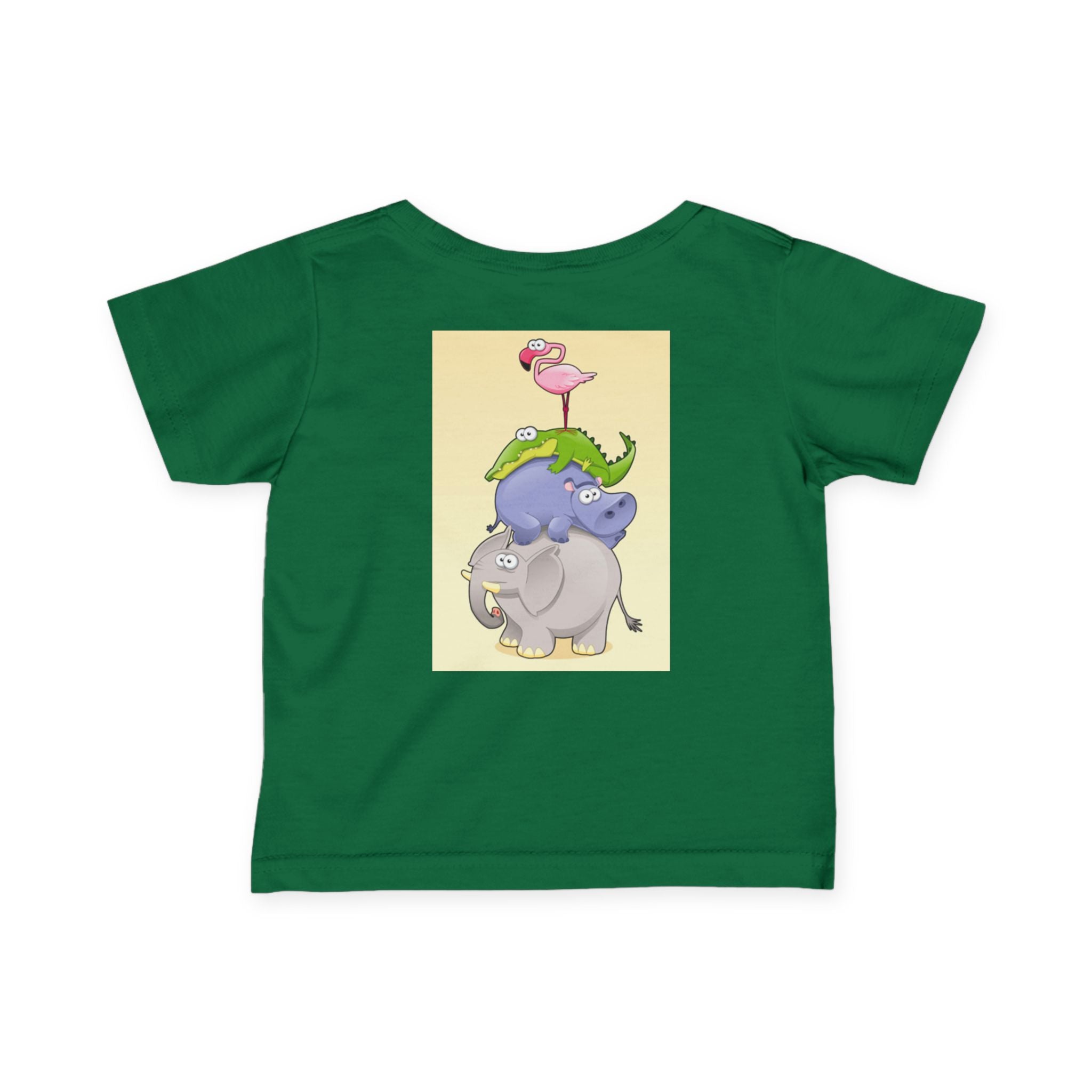 Infant Tee — Cute Stacked Safari Animals Baby Shirt (Elephant, Hippo, Crocodile, Flamingo)