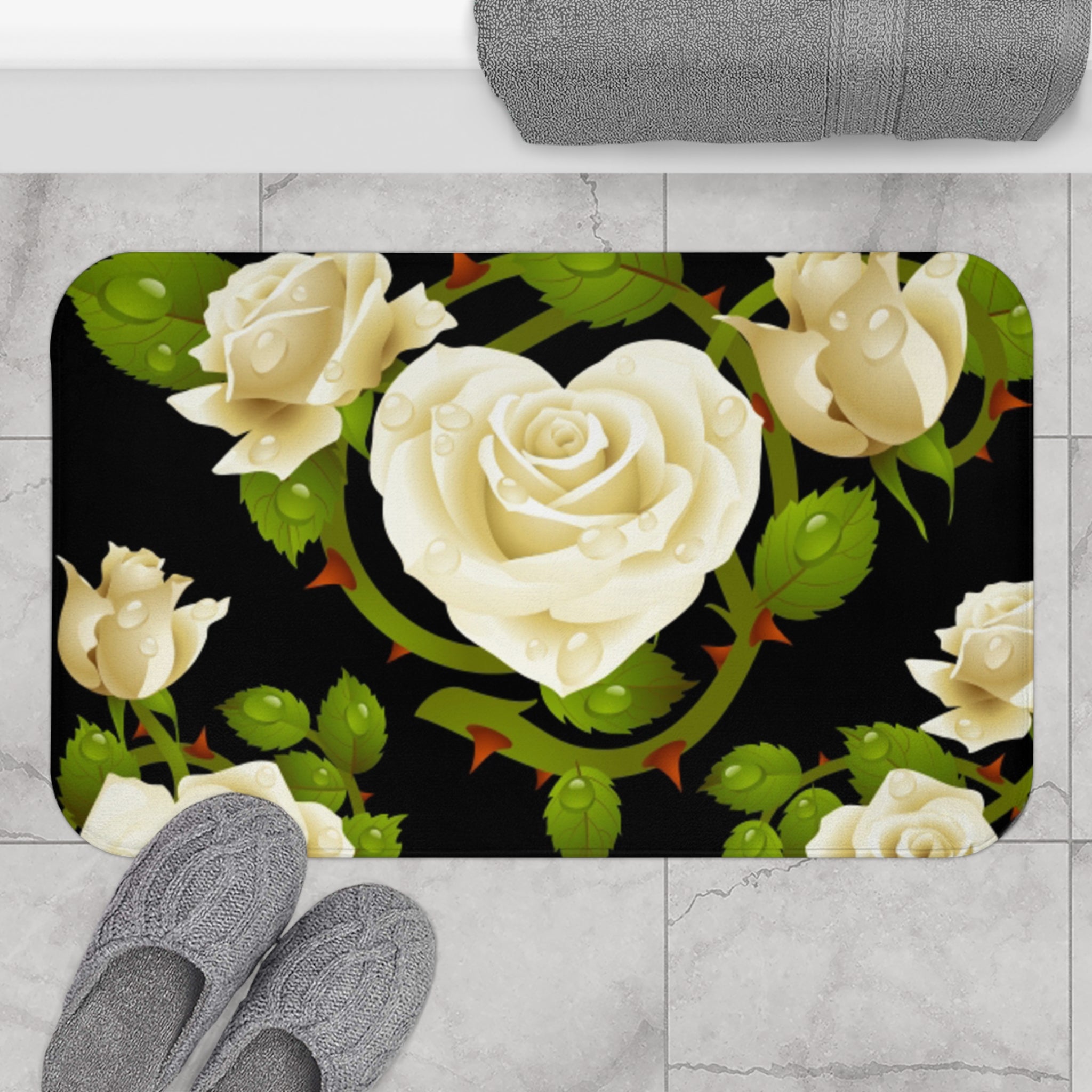 White Rose Bath Mat — Elegant Floral Bathroom Rug with Heart-Shaped Bloom Design