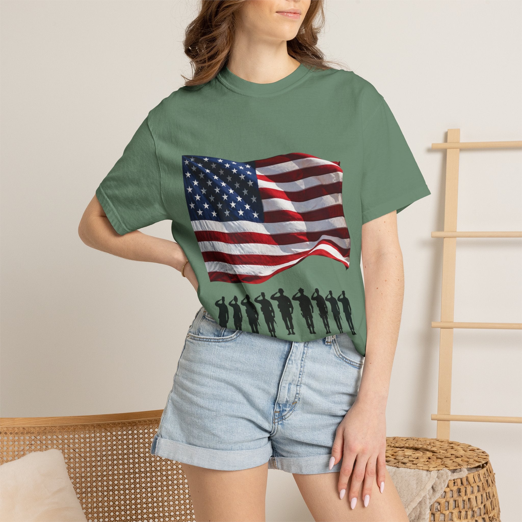 T-Shirt - American Flag with Saluting Soldiers | "Welcome Home!" Military Reunion Tee