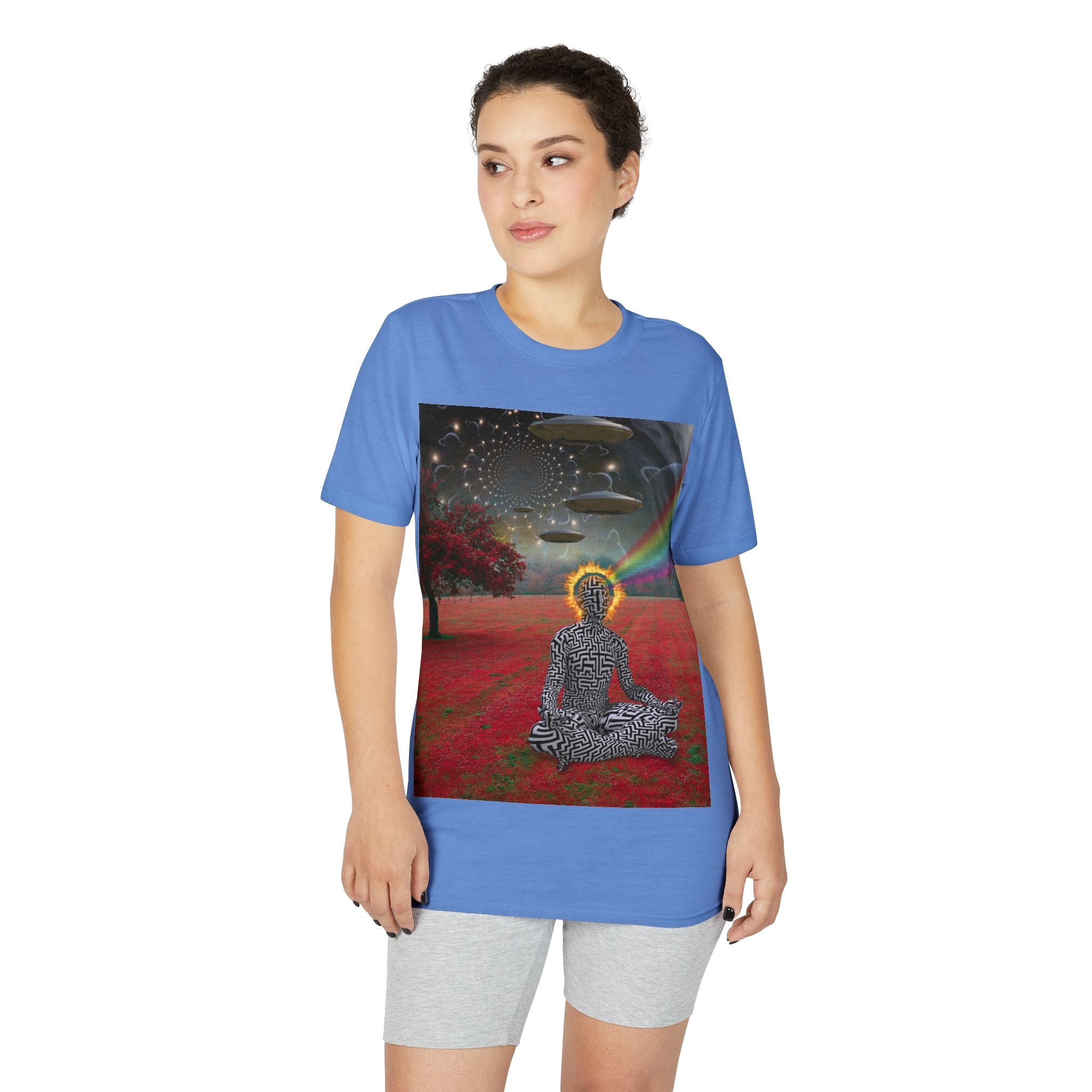 Meditative Buddha UFO T-Shirt — Psychedelic Zen Landscape Tee