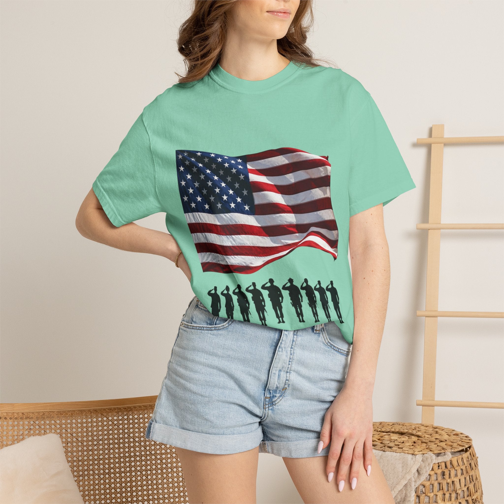 T-Shirt - American Flag with Saluting Soldiers | "Welcome Home!" Military Reunion Tee