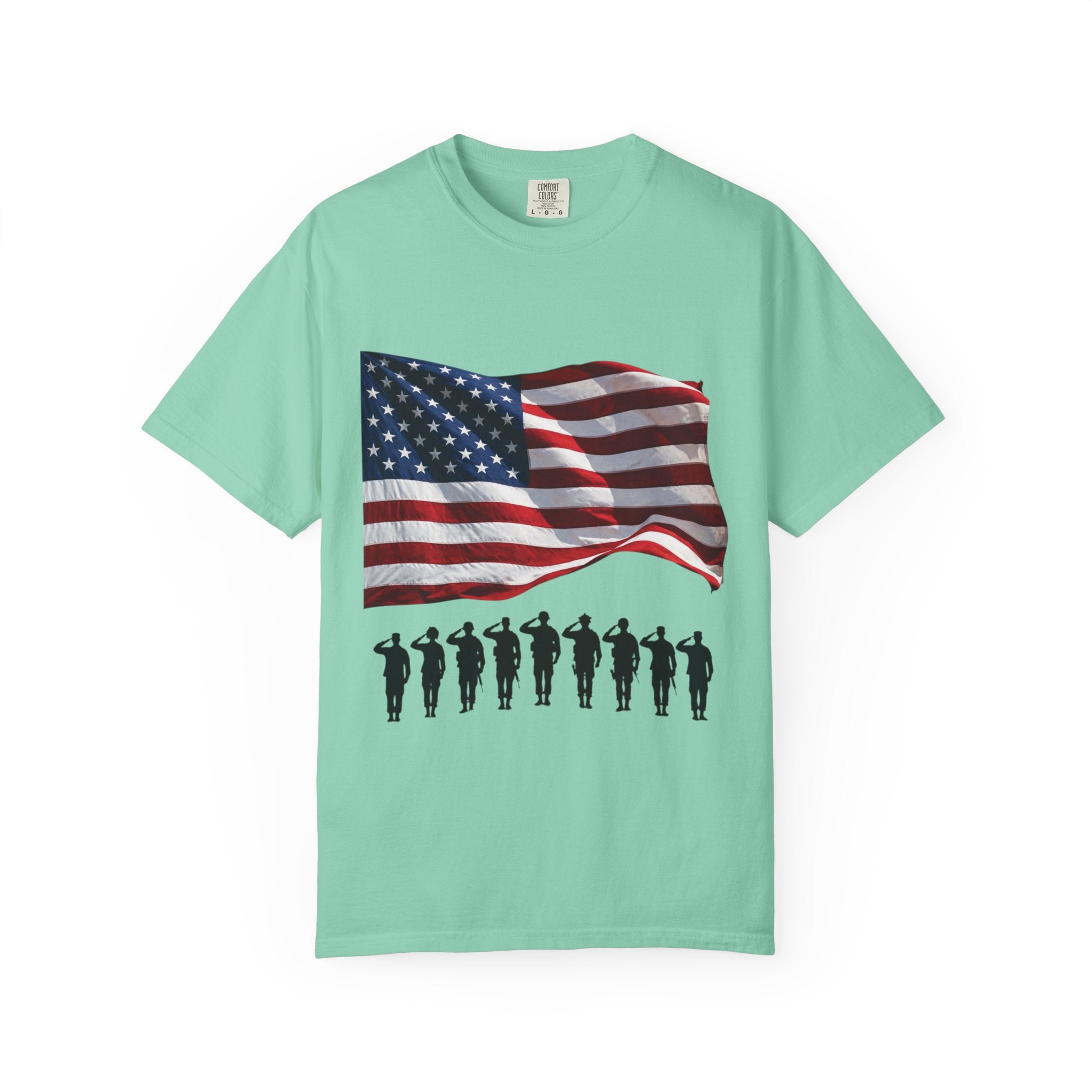 T-Shirt - American Flag with Saluting Soldiers | "Welcome Home!" Military Reunion Tee
