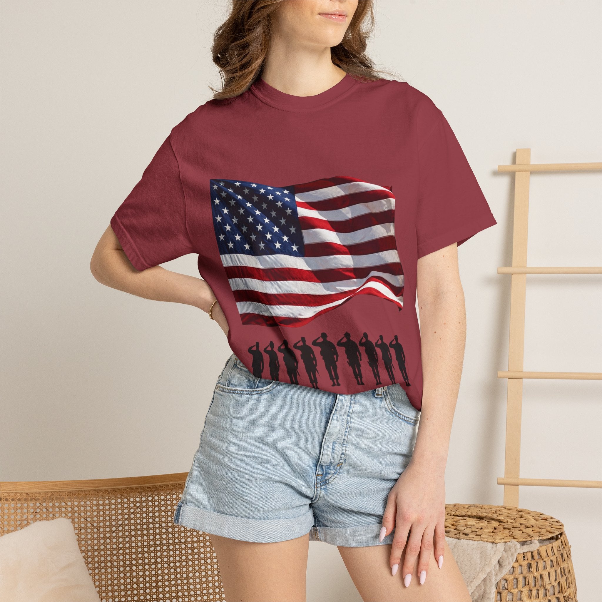 T-Shirt - American Flag with Saluting Soldiers | "Welcome Home!" Military Reunion Tee