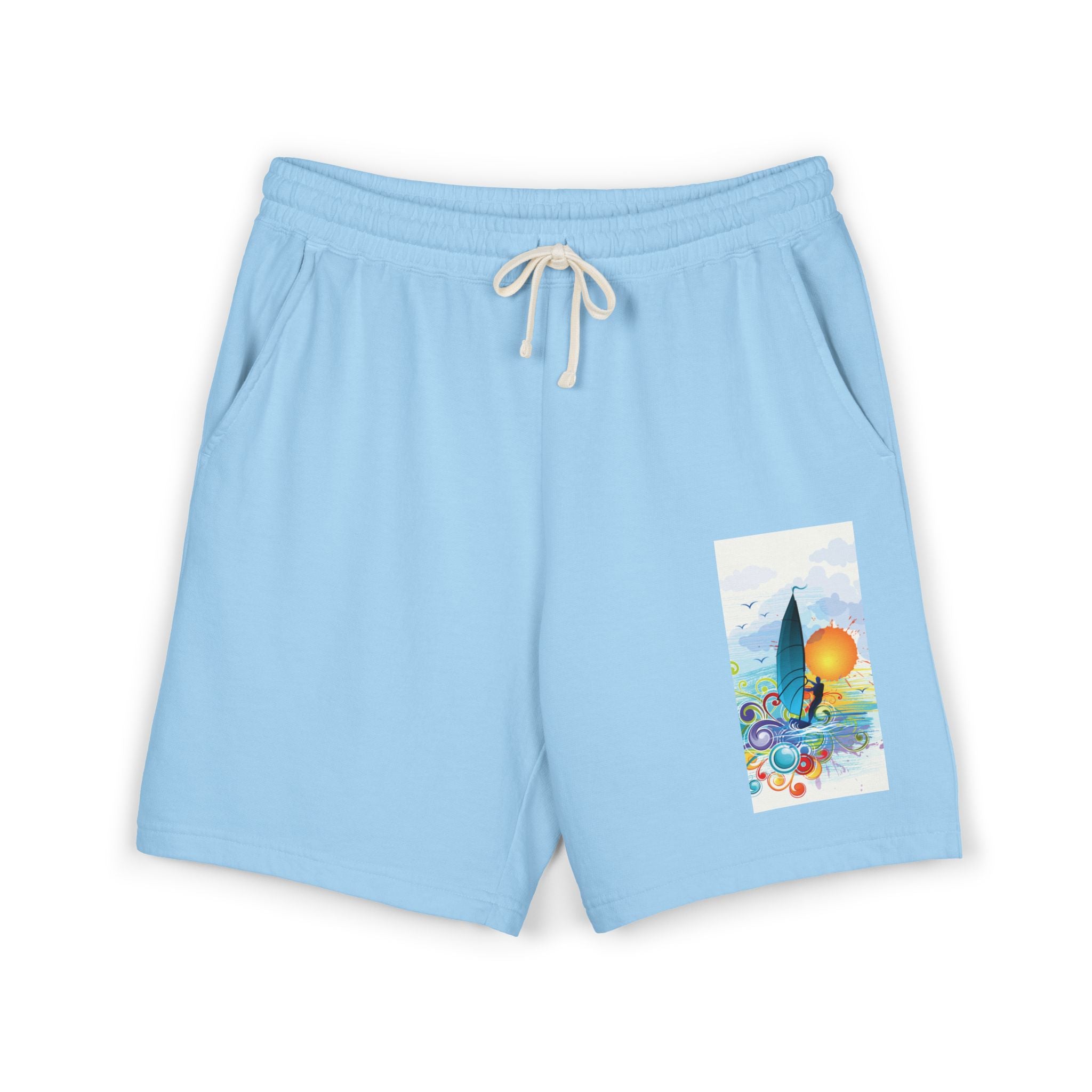 Surf Sunset Sweat Shorts — Lightweight Fleece Beach Graphic Shorts