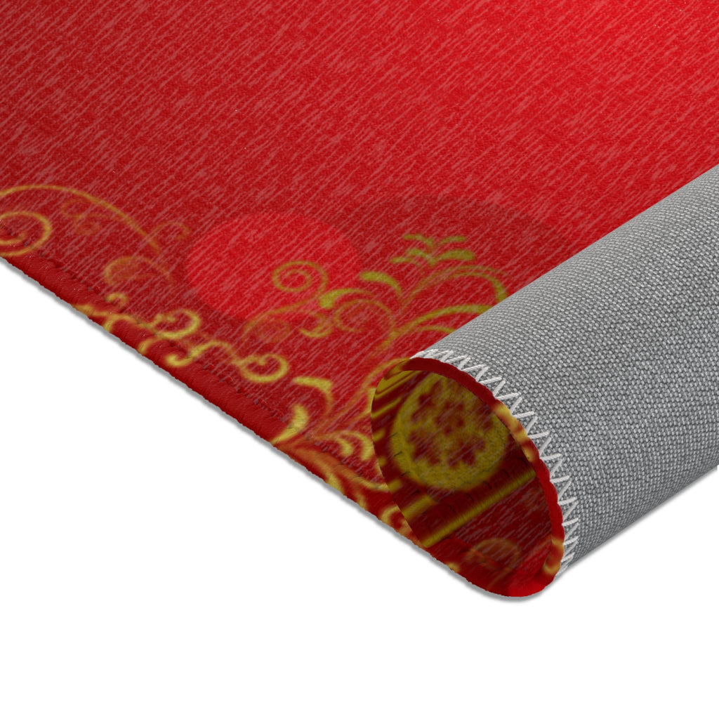 Red & Gold Ornamental Area Rug — Festive Floral Border Accent Rug